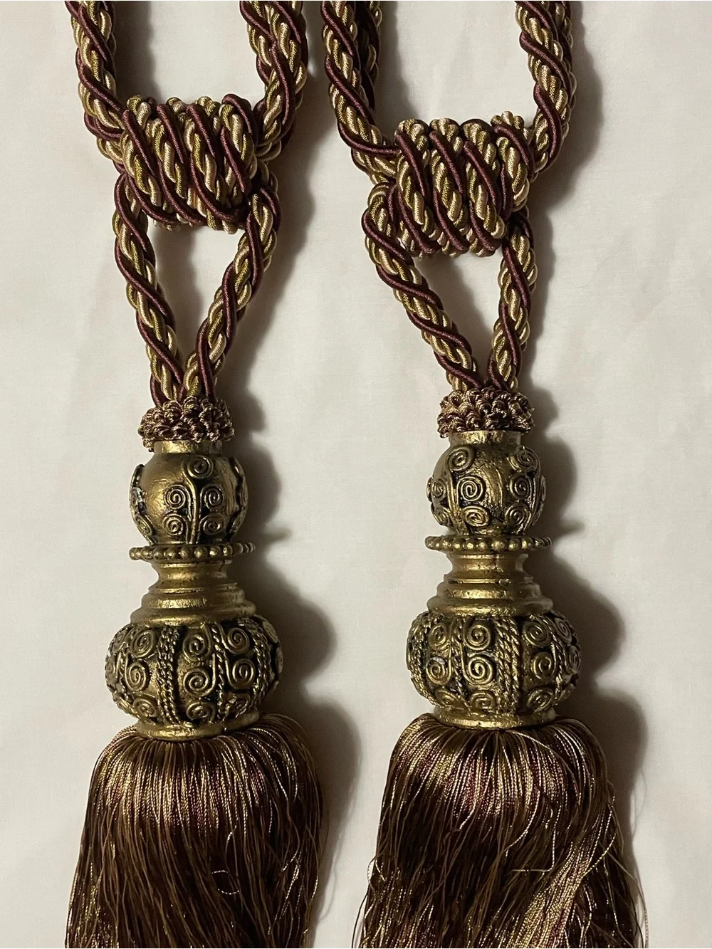 Vintage Large Tassel Curtain Tiebacks - Twisted Brown & Gold Braided Rope Pair